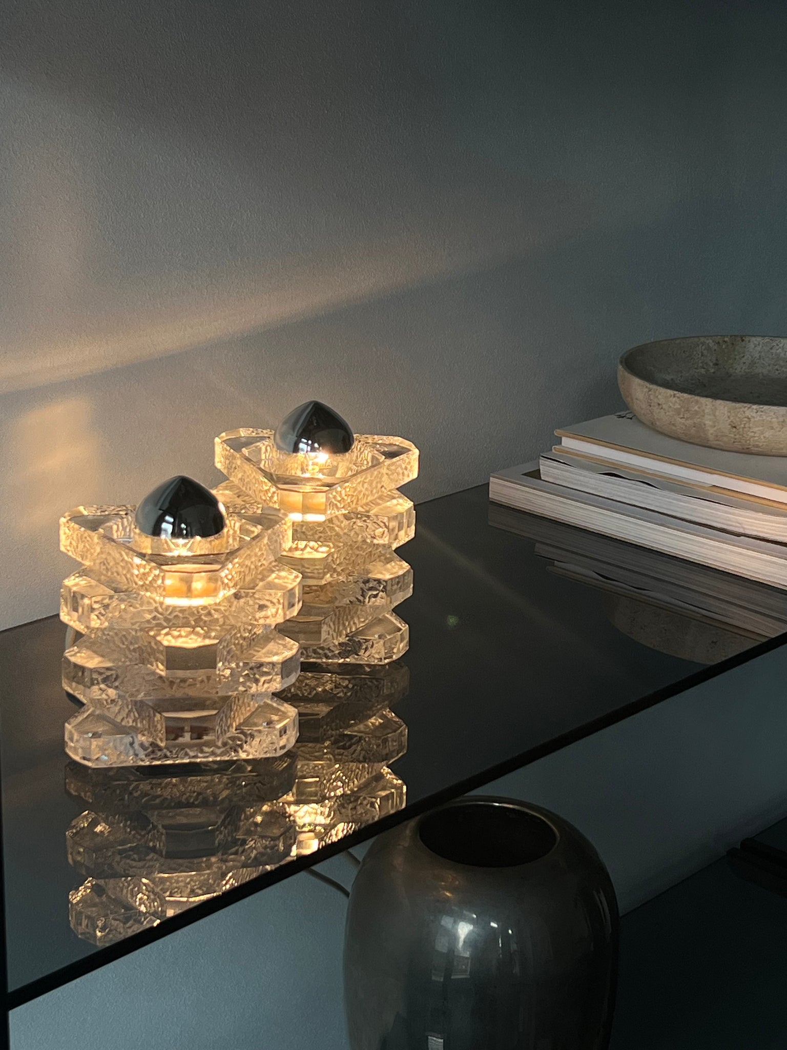 Set of 2 Peill & Putzler ice glass table lamps