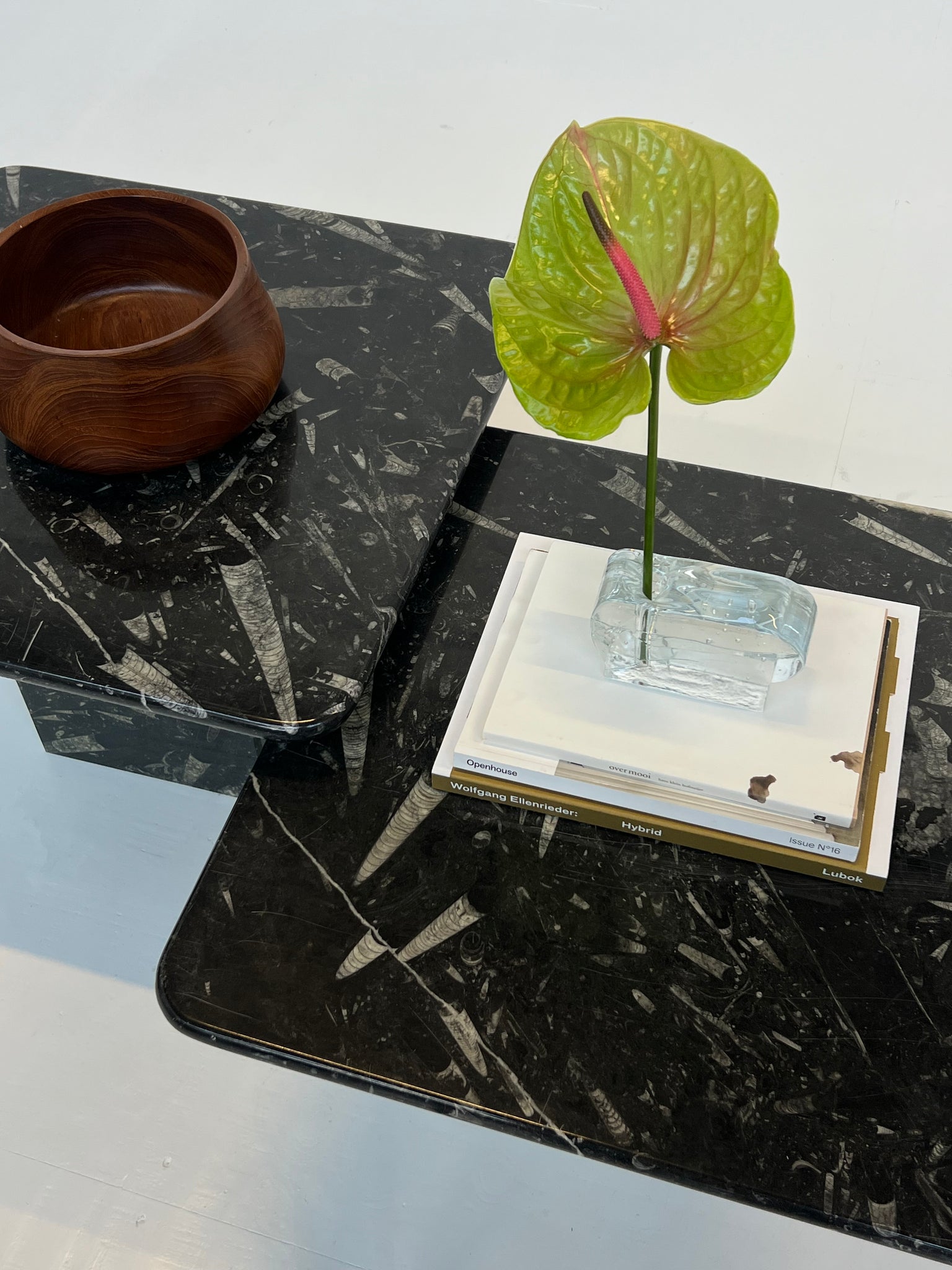 Set of 2 vintage fossil marble side tables