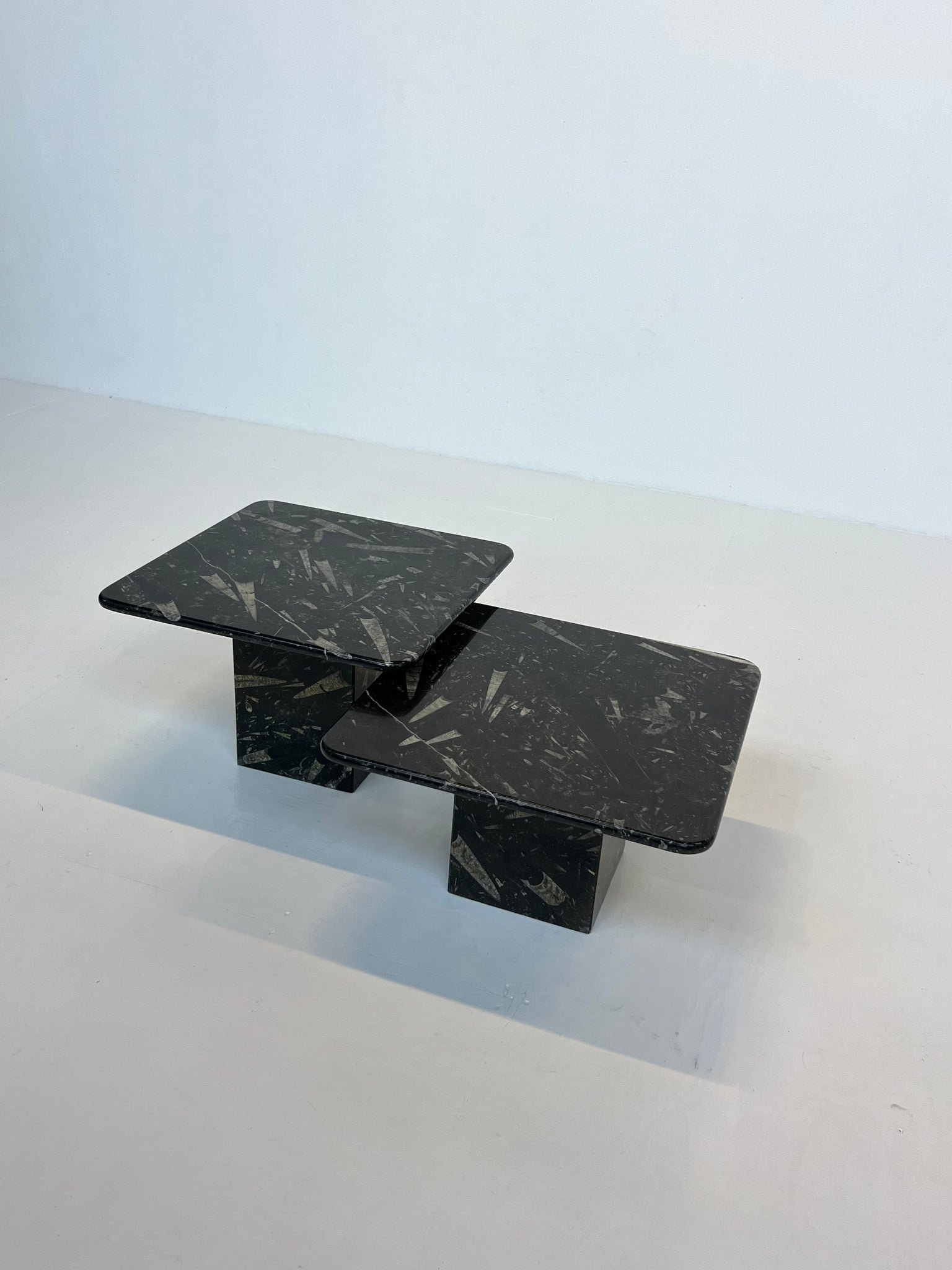 Set of 2 vintage fossil marble side tables
