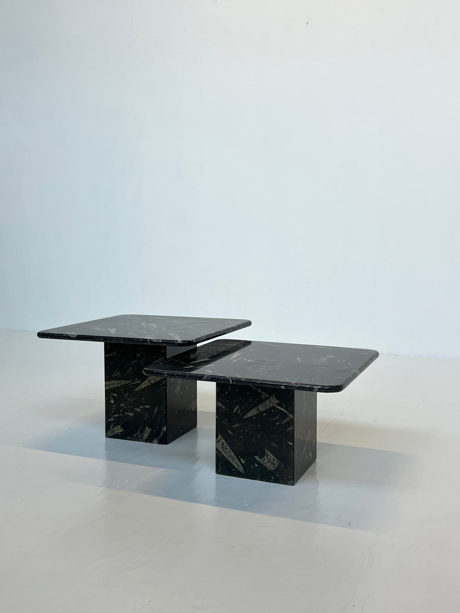 Set of 2 vintage fossil marble side tables