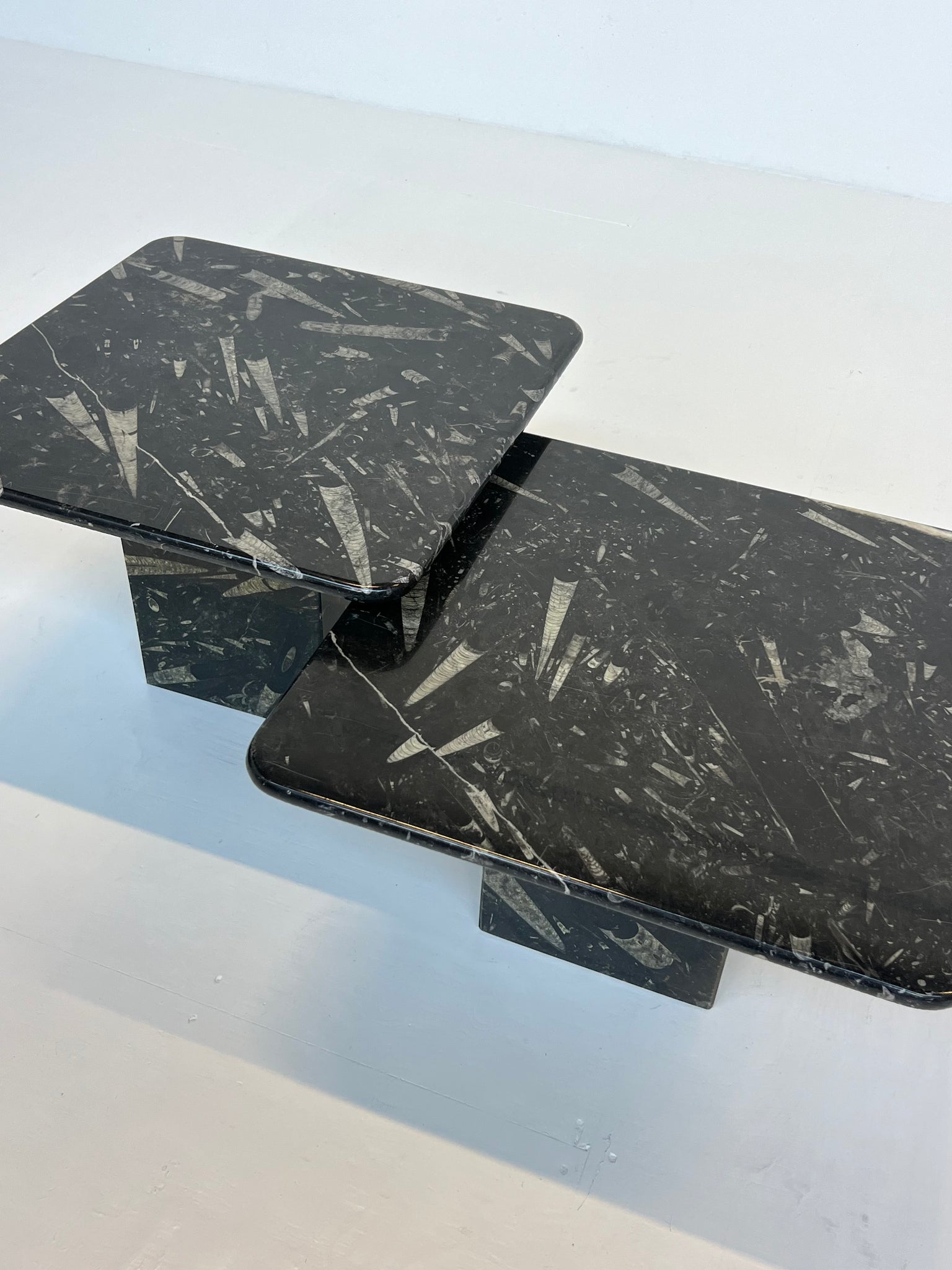 Set of 2 vintage fossil marble side tables