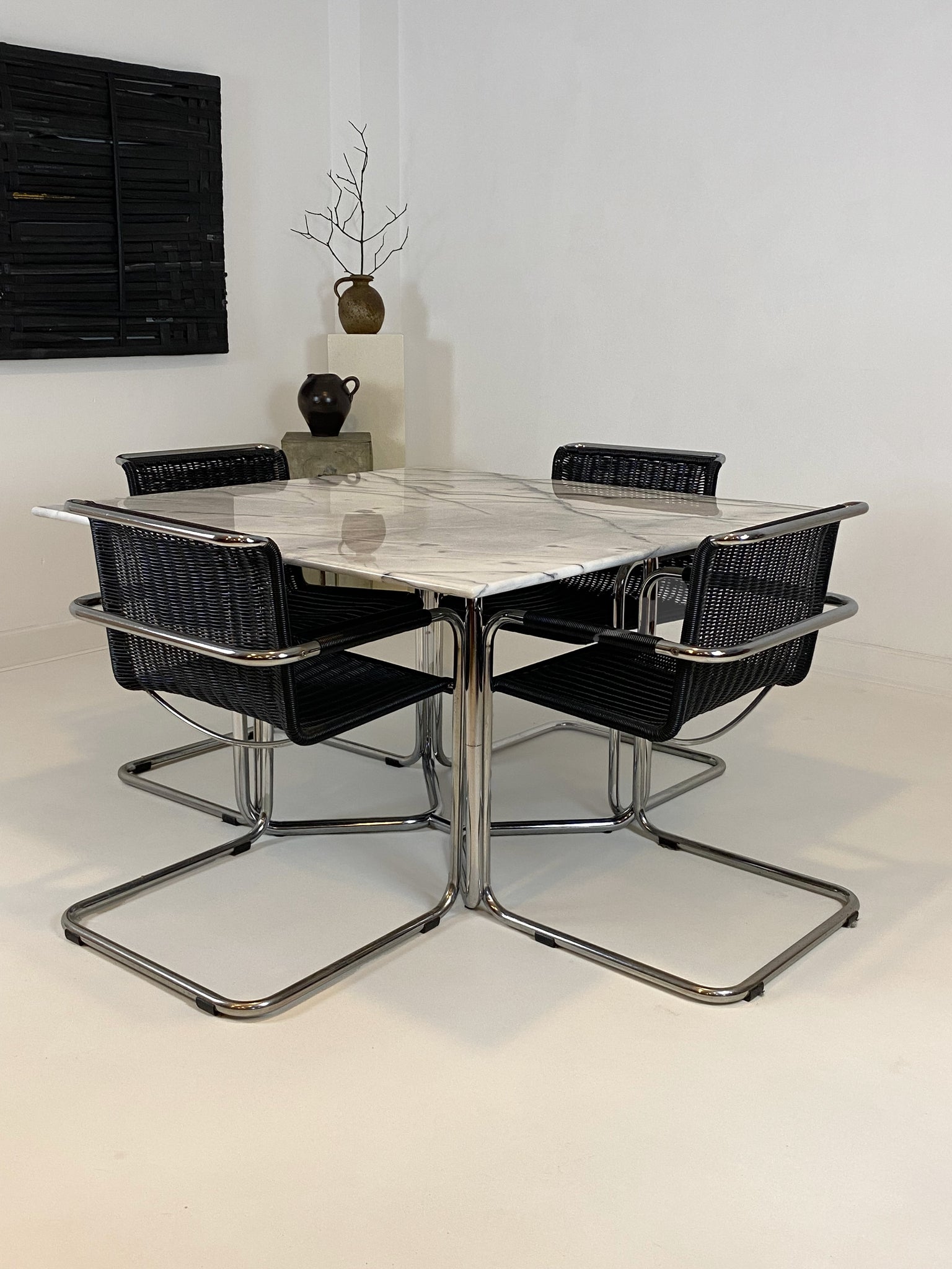 Vintage Carrara marble dining table with chrome tubular frame