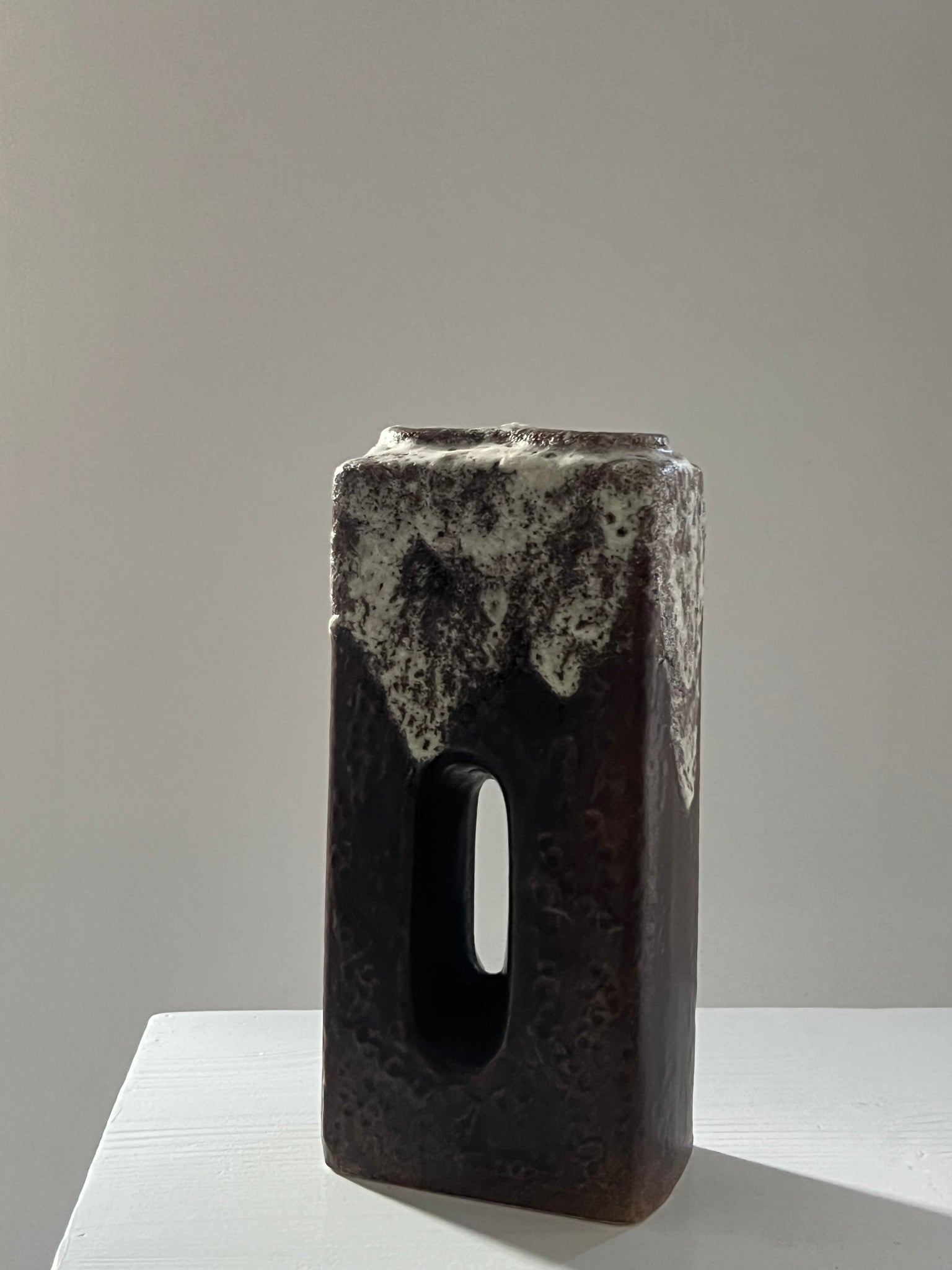 Vintage ceramic vase – brown glaze with white drip detail