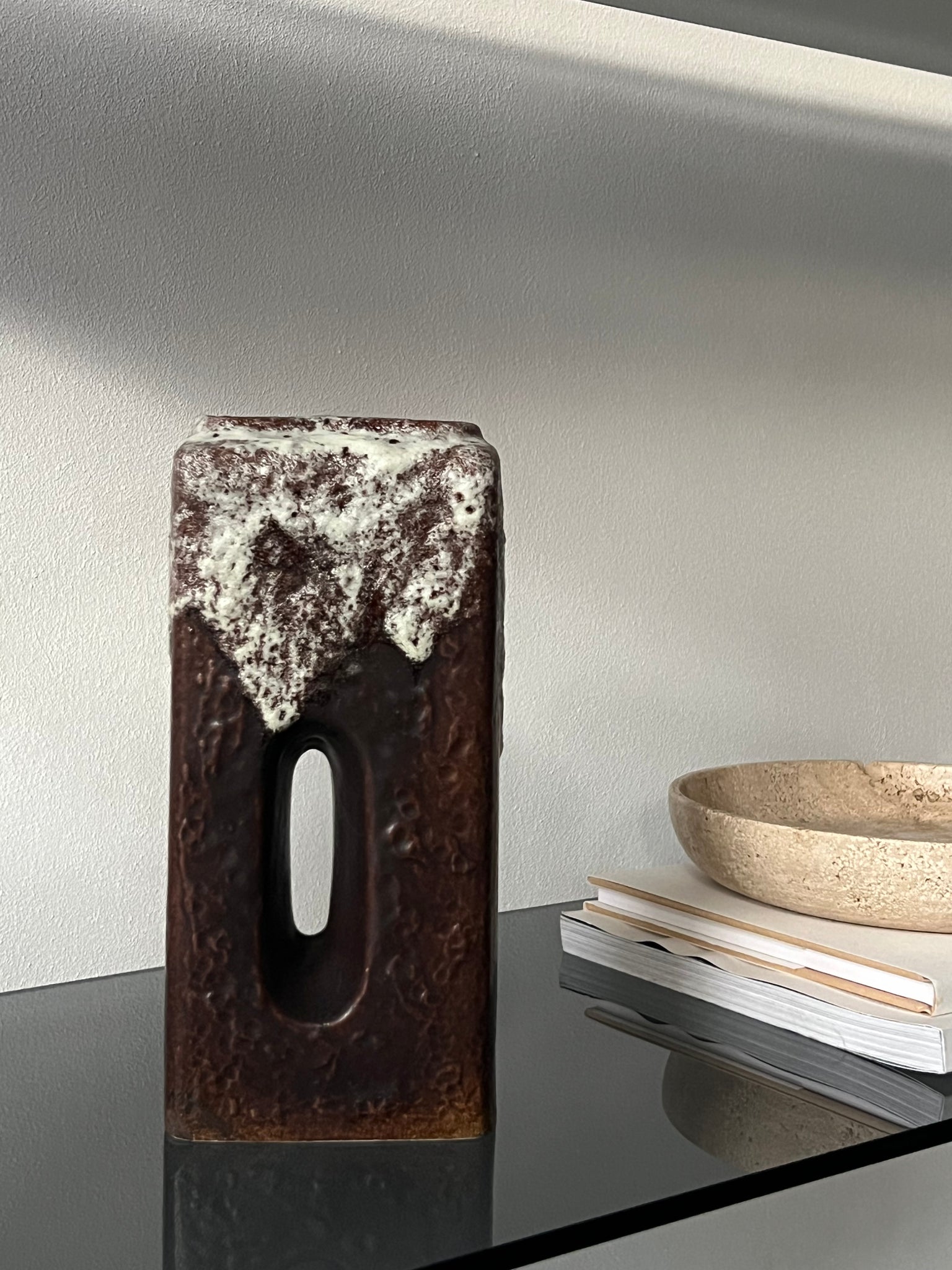 Vintage ceramic vase – brown glaze with white drip detail