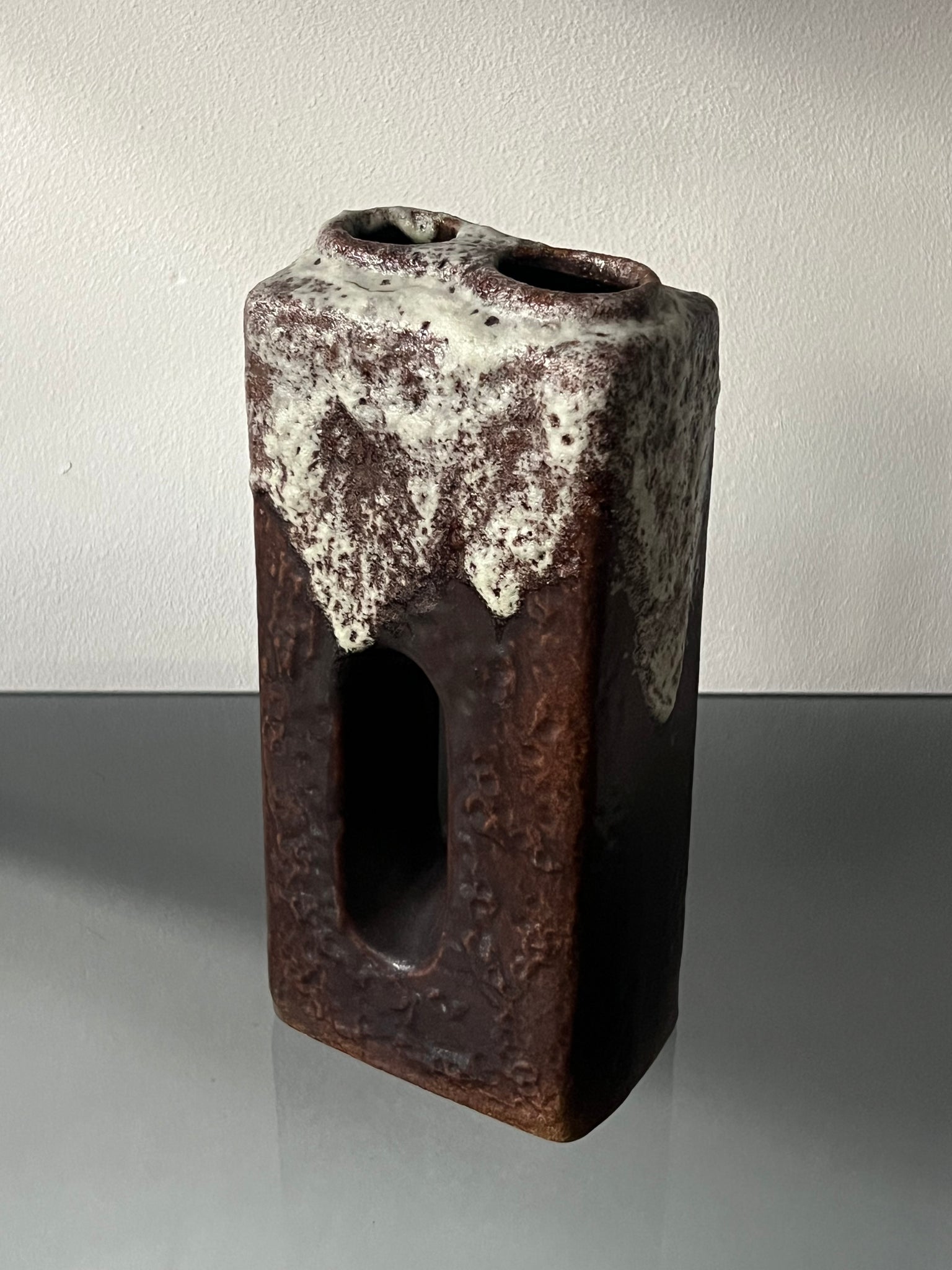 Vintage ceramic vase – brown glaze with white drip detail