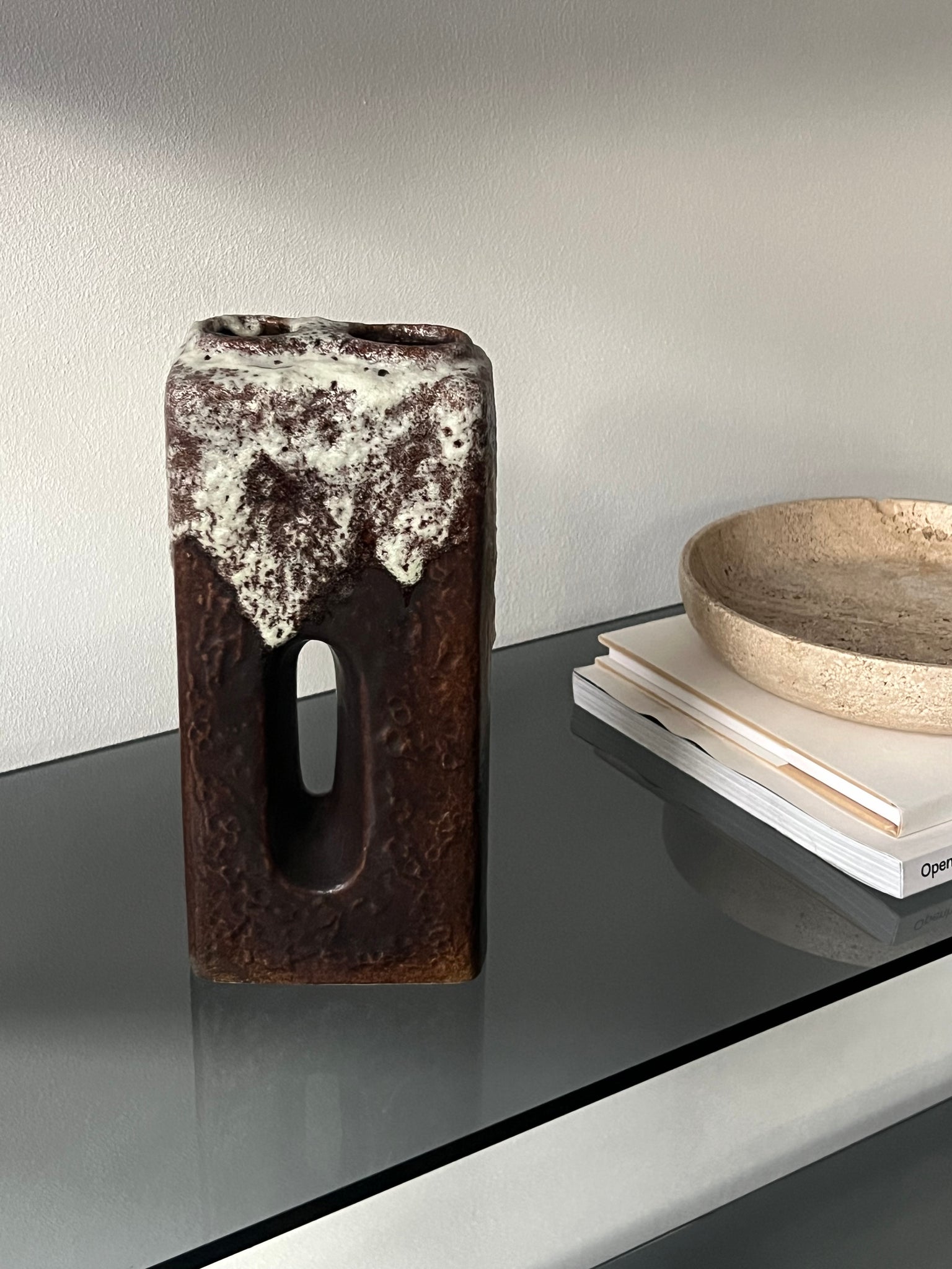 Vintage ceramic vase – brown glaze with white drip detail