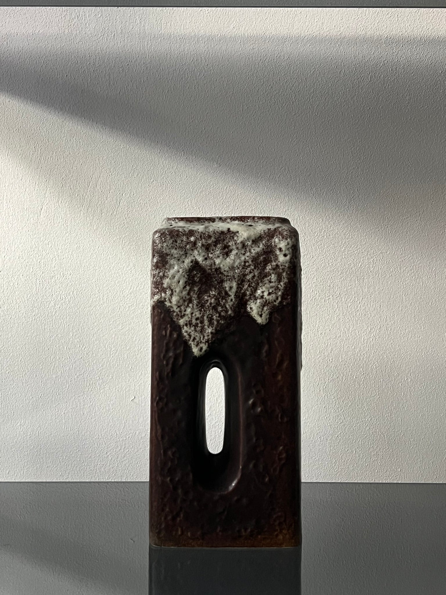 Vintage ceramic vase – brown glaze with white drip detail