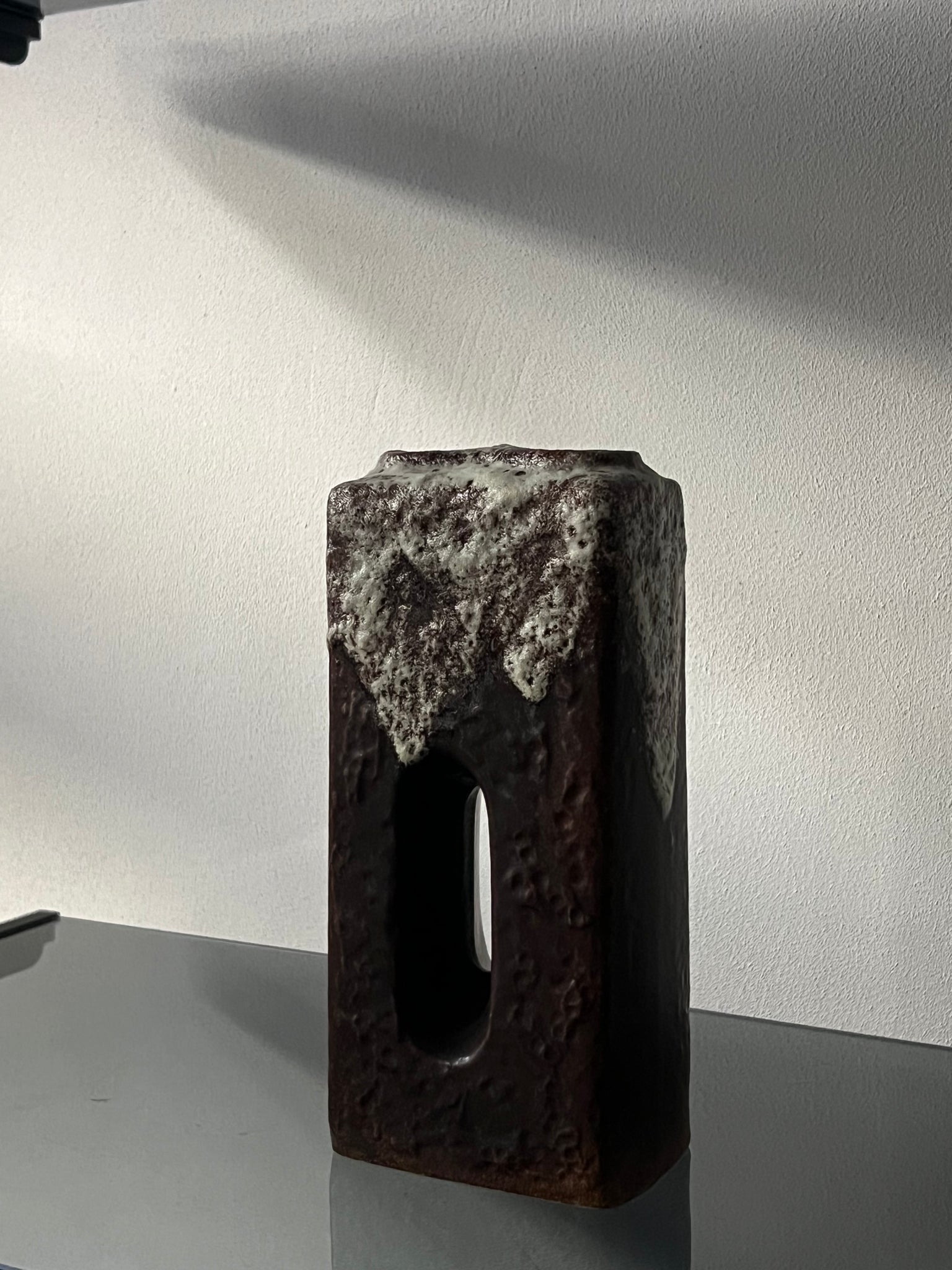 Vintage ceramic vase – brown glaze with white drip detail